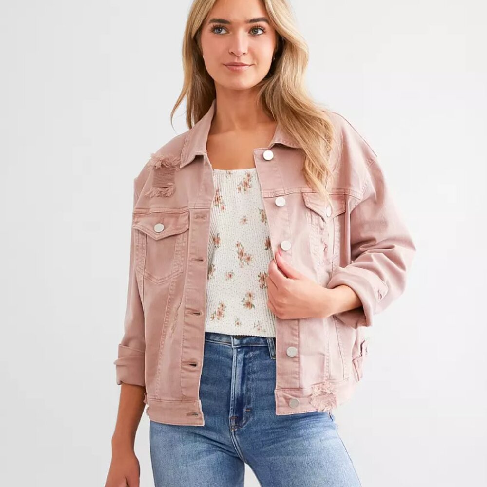 Risen Jacket Womens Large Mauve Pink Deconstructed Distressed Denim Trucker NWT